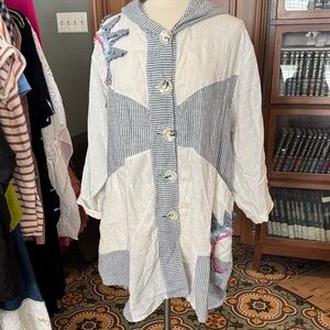 Zele White and Navy Striped Patchwork Hooded Coat